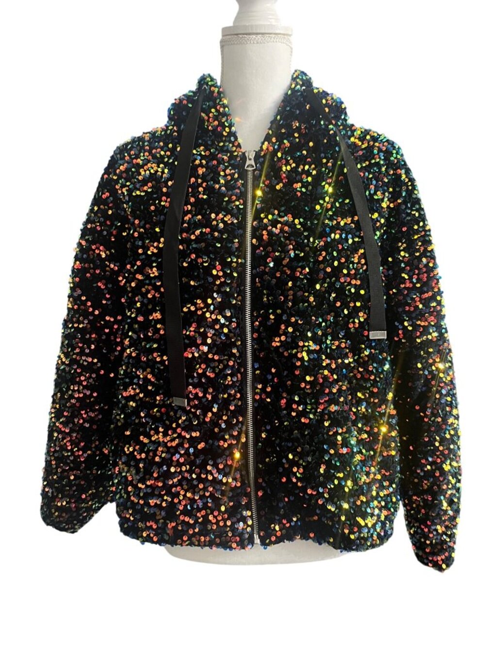 Black Multicolor Y2K Sequin Zip-Up Hoodie Glam Jacket Size Medium Forever 21
